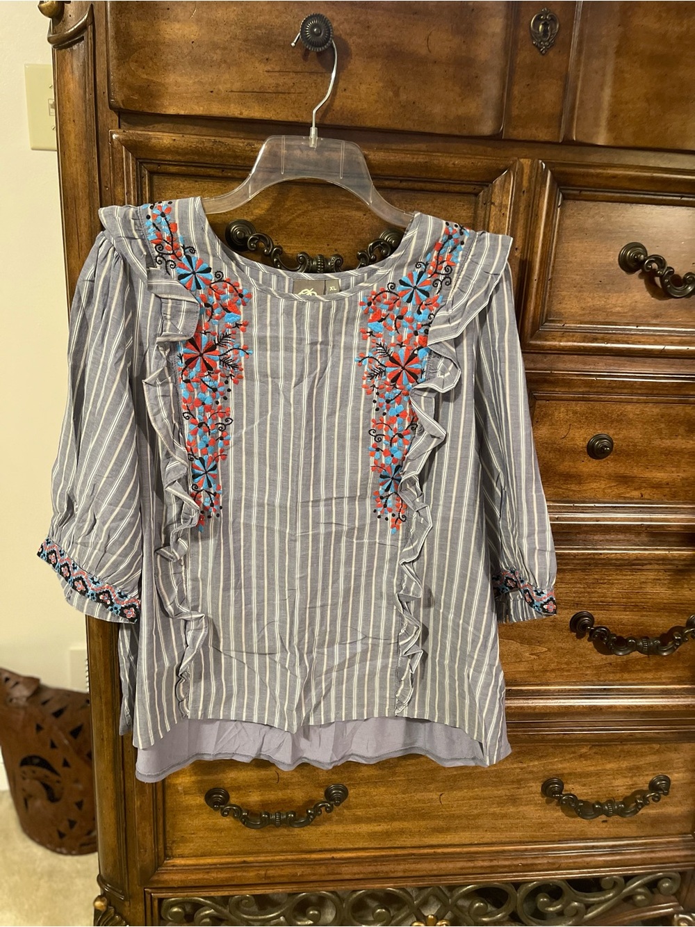 Striped Ruffle Blouse with Floral Embroidery in Light Gray